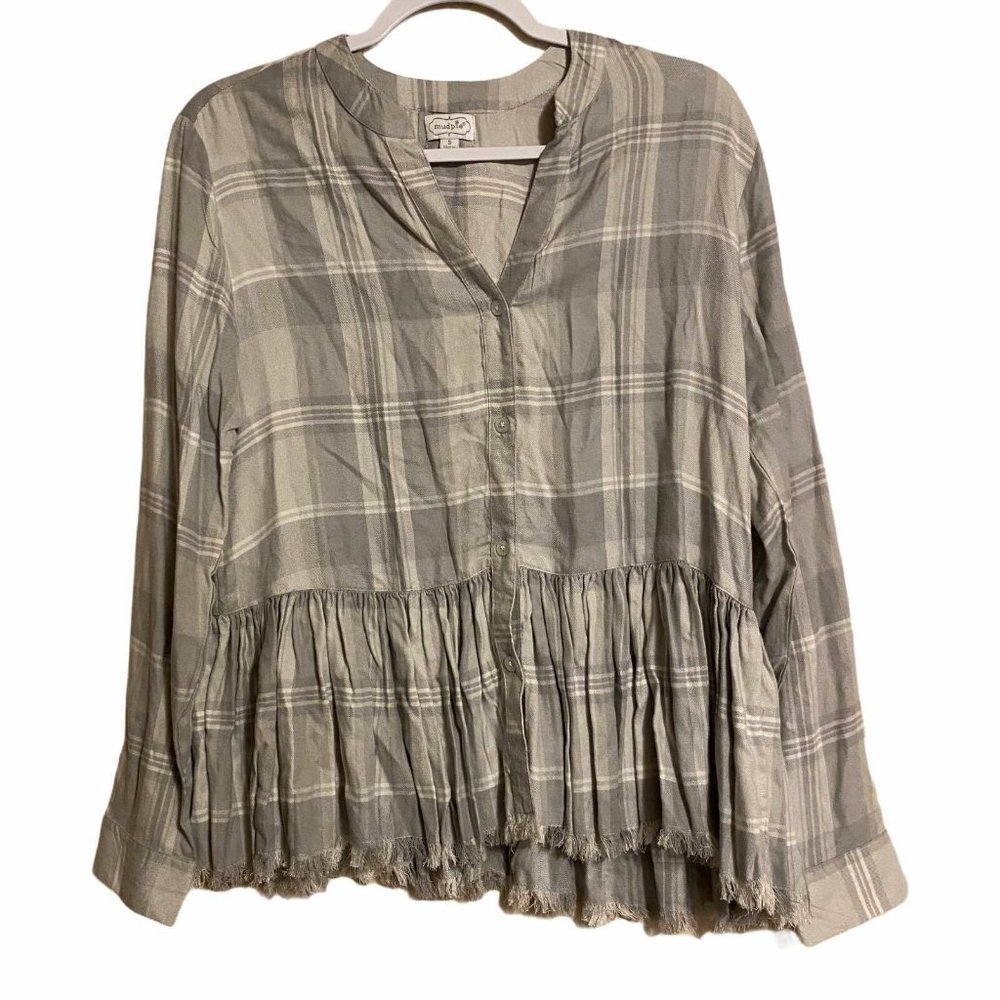Mud Pie Womens Womens Prescott Gray peplum Button down Top Shirt Sz S
